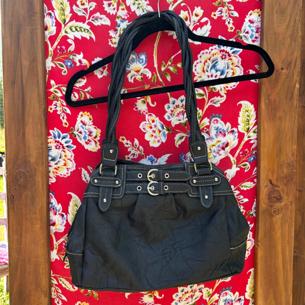Black Faux Leather Chic Buckle Detail Y2K Baddie Shoulder Bag